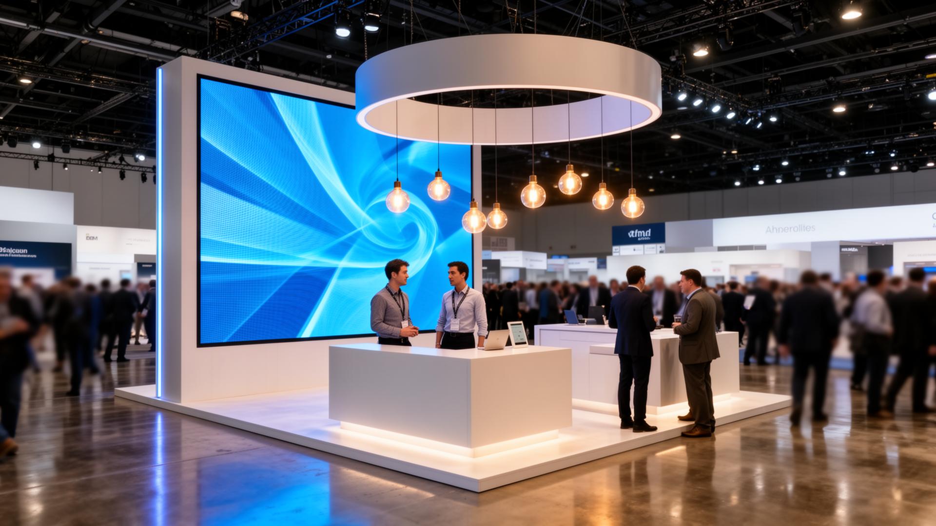 A premium 20x20 custom trade show booth with an LED video wall, branded counters, and exhibitor staff speaking with attendees on a busy convention floor