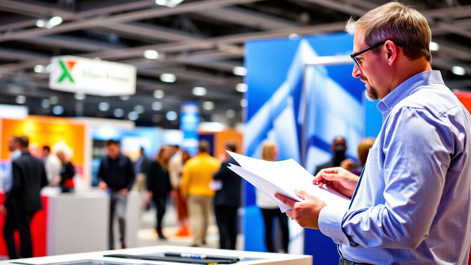 Exhibitor reviewing contract paperwork on the trade show floor
