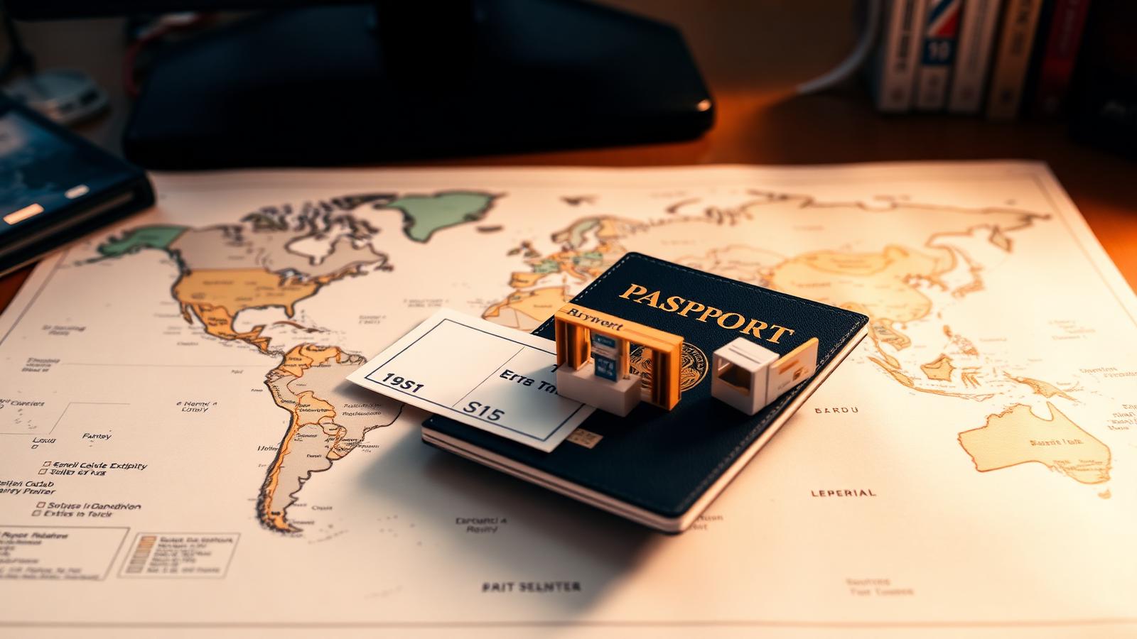 A passport, boarding pass, and miniature booth model on a world map