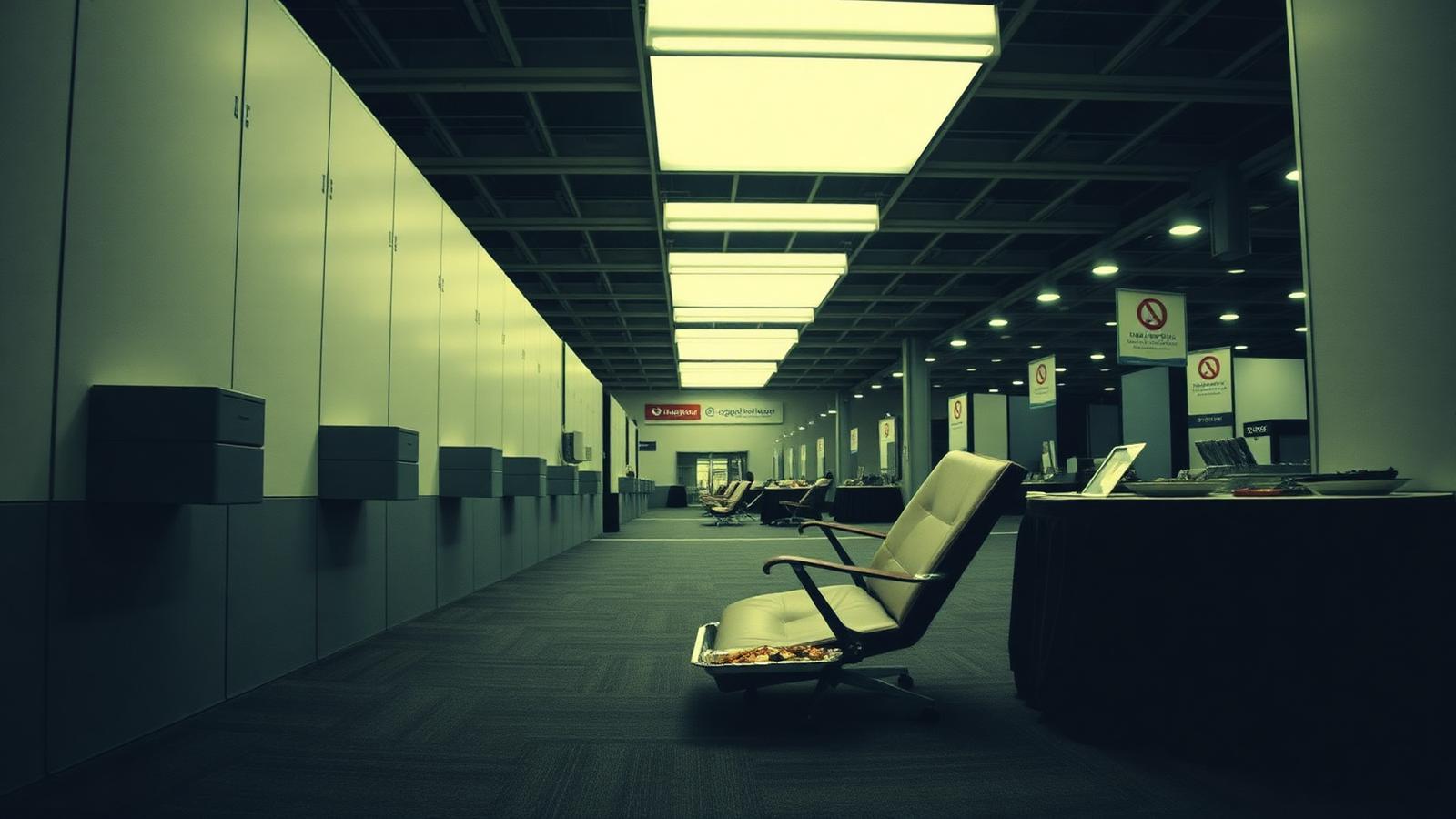 Empty trade show booth with overturned chair under harsh fluorescent light