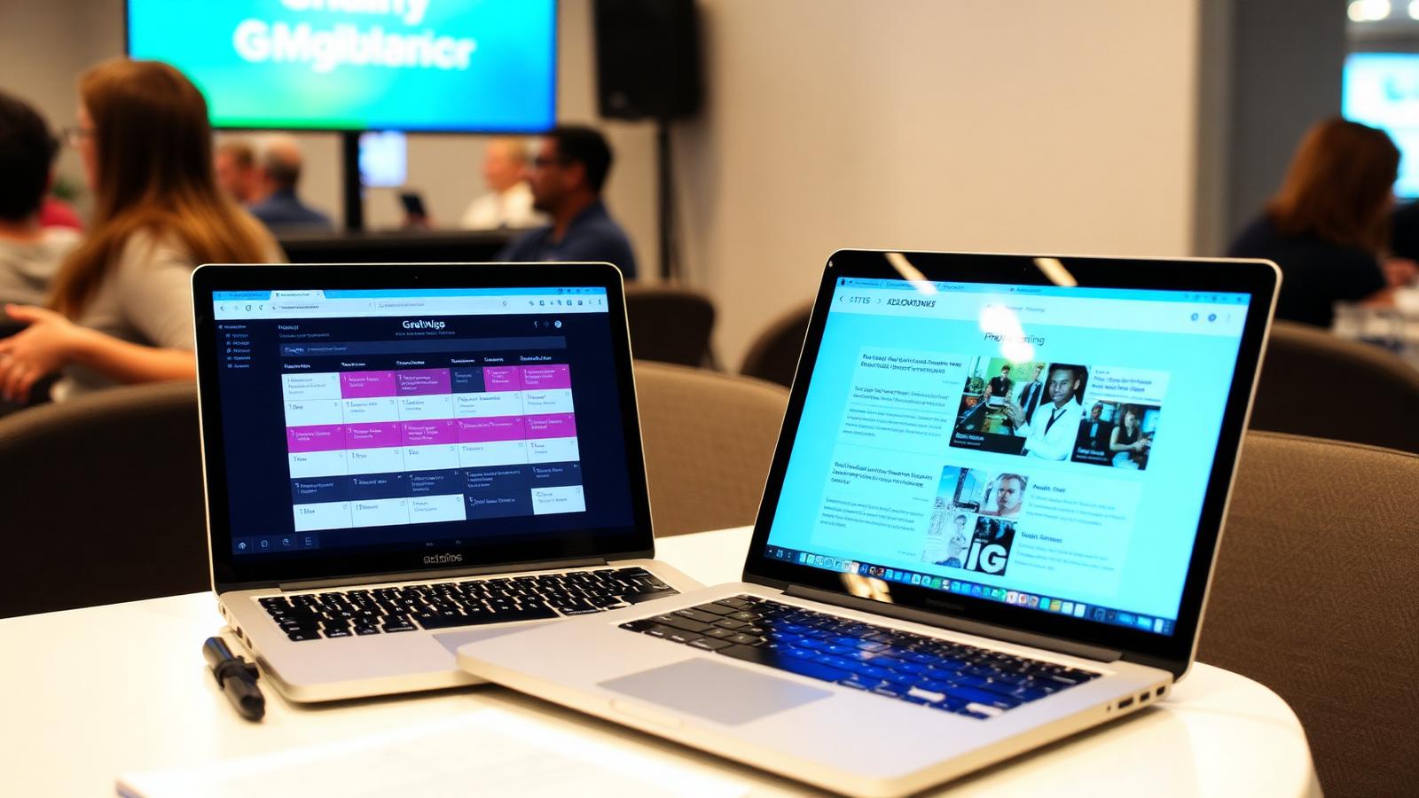 Marketer planning pre-show outreach campaign on laptop