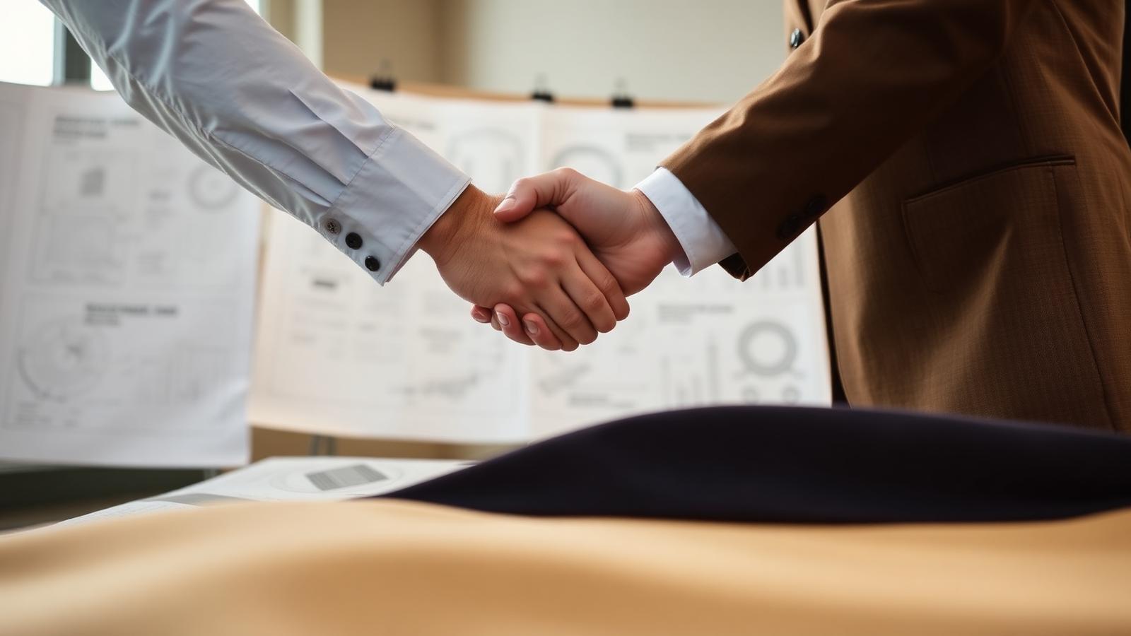 Handshake over fabric samples and booth blueprints