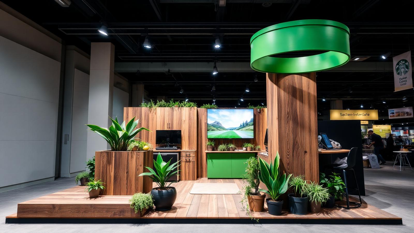 Sustainable trade show booth made with reclaimed wood and live plants